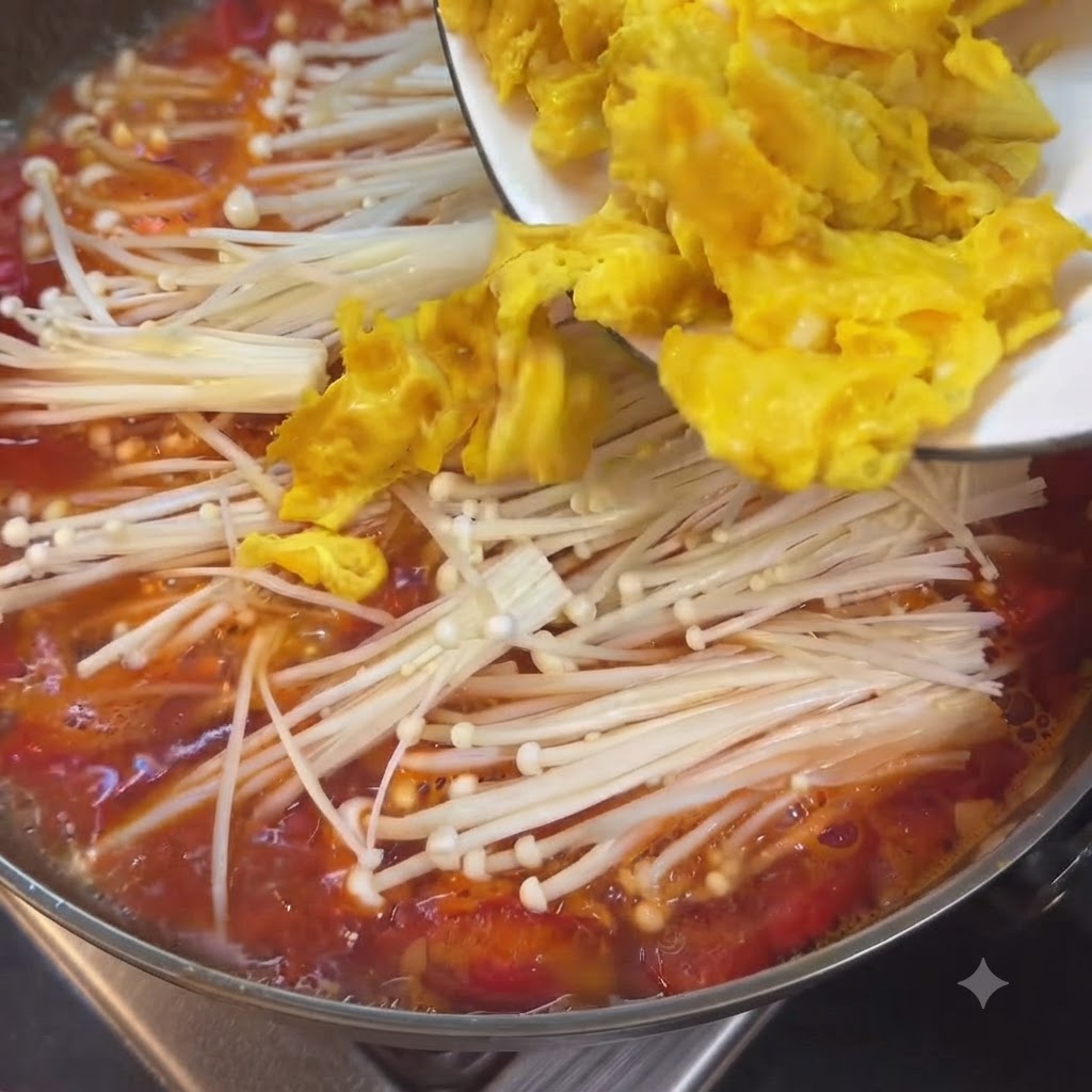 Huevos revueltos amarillos cocidos vertidos desde un plato blanco a la olla con sopa hirviendo.