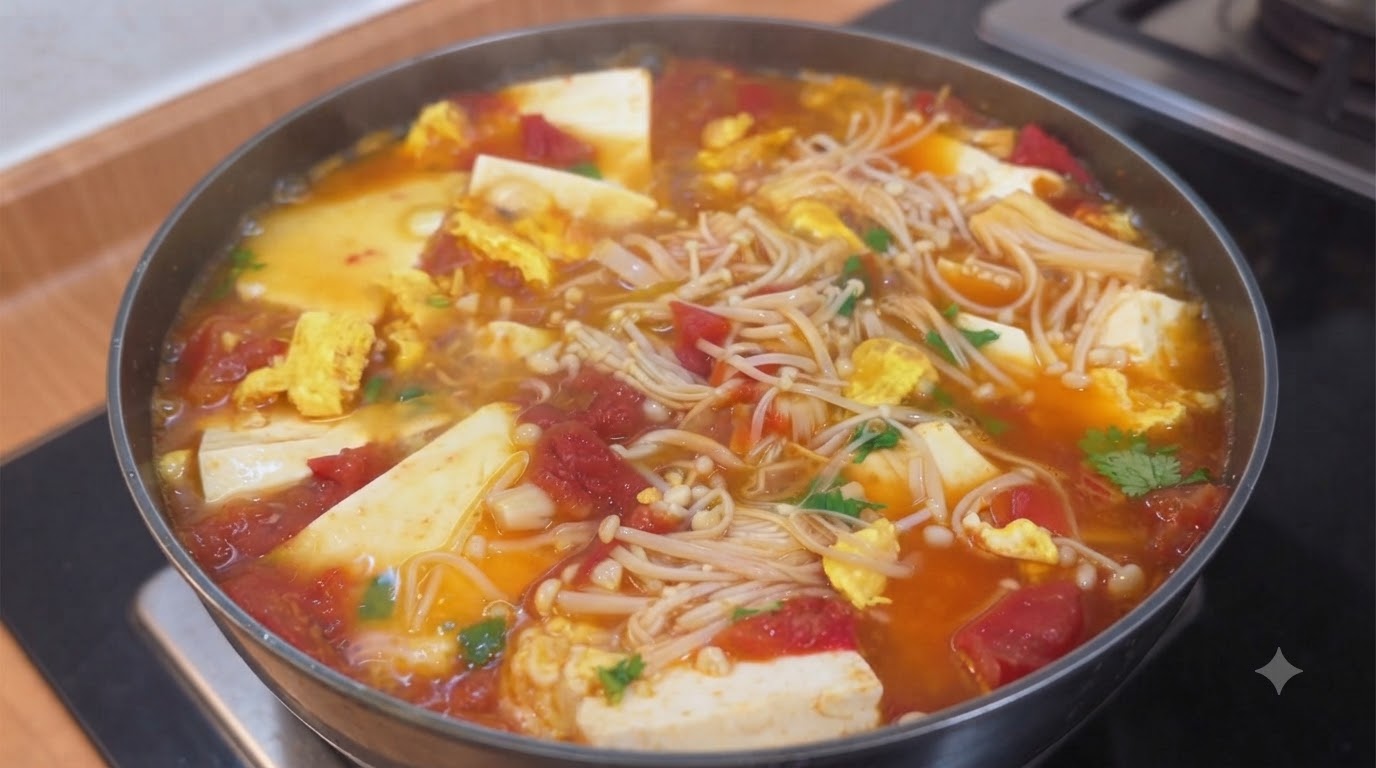 Sopa de Tomate, Tofú y Hongos Enoki en 10 Minutos