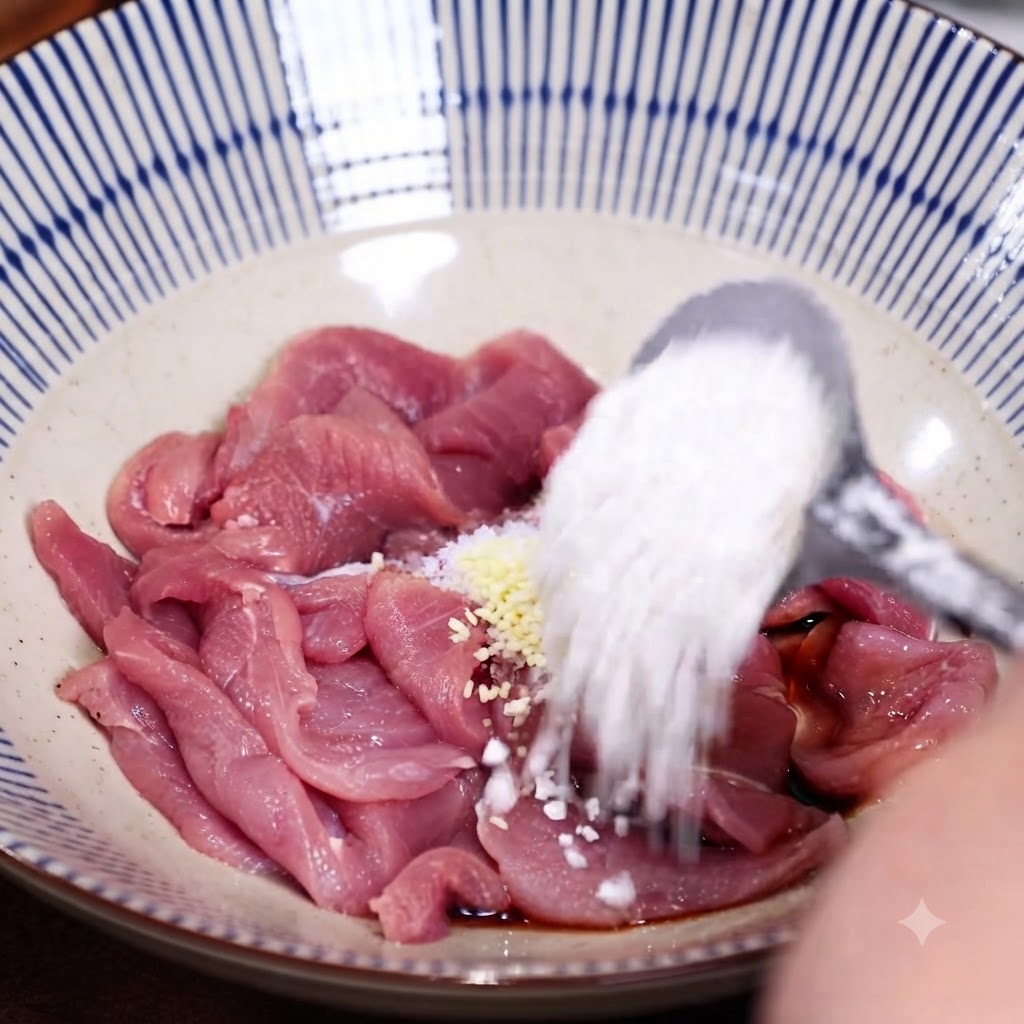 Una cuchara de almidón blanco vertida en un tazón de cerdo crudo en rodajas con ajo picado y salsa de soja.