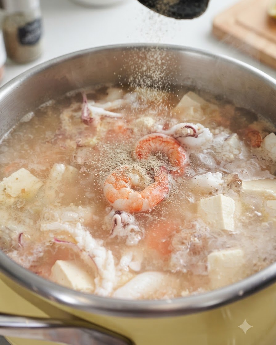 Polvo de pimienta blanca espolvoreado en una olla de sopa de marisco burbujeante que contiene camarones, calamar y tofu.