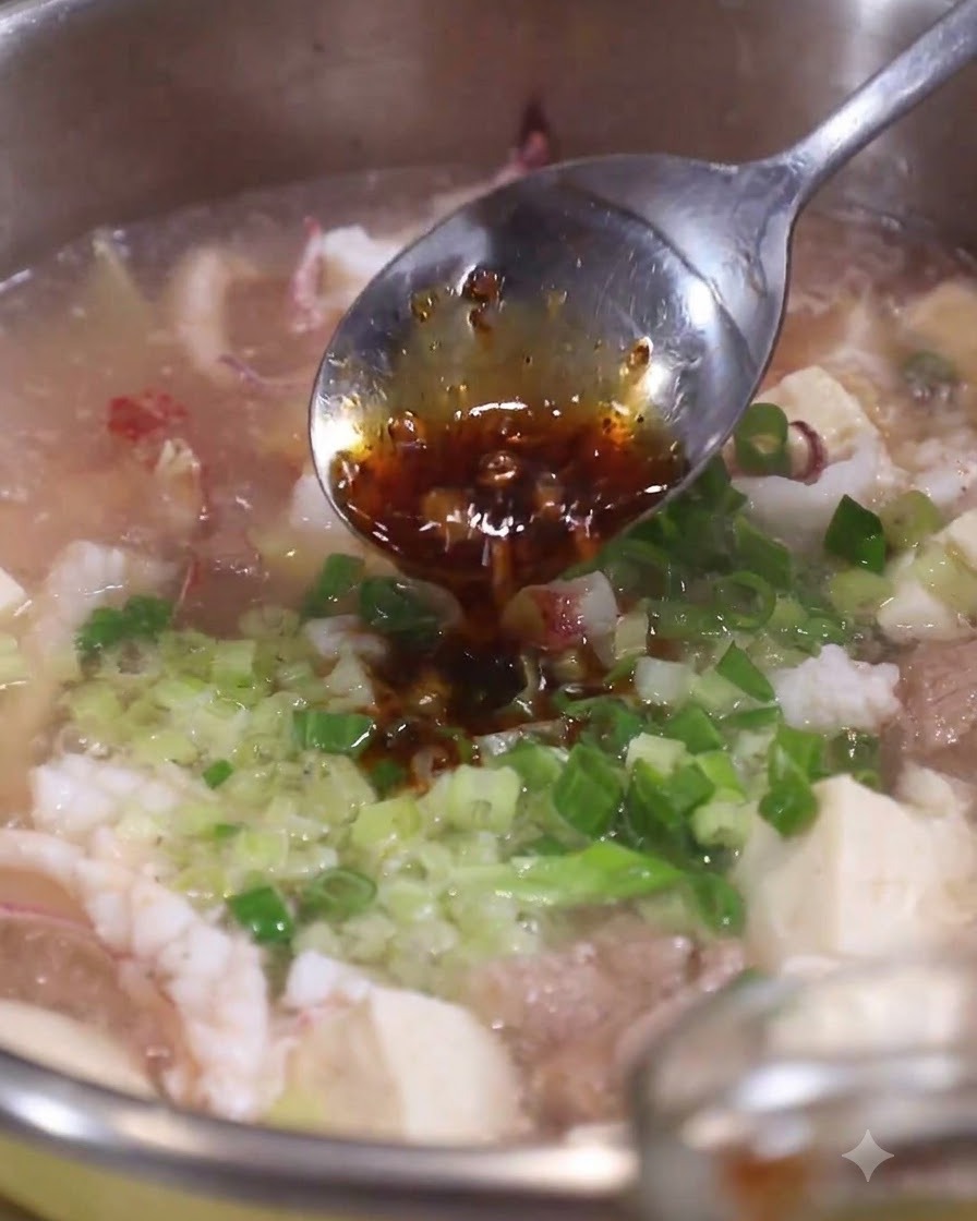 Una cuchara de aceite de cebollino oscuro rociada sobre cebollino fresco picado y apio en una olla de sopa de marisco caliente.