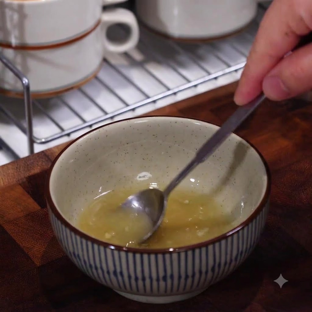 Una mano usando una pequeña cuchara para remover una mezcla de harina, aceite y agua en un pequeño tazón de cerámica.