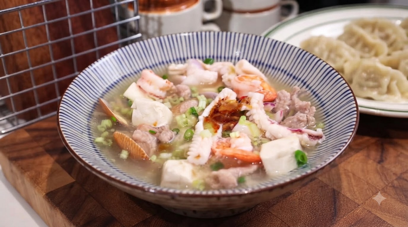 Sopa de Marisco Minnan con Dumplings Crujientes en Flor de Hielo