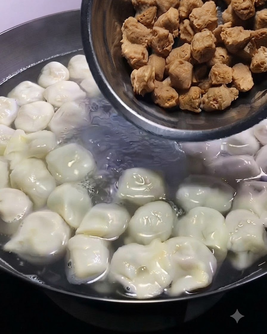Pequeñas albóndigas marrones siendo vertidas desde un bol de metal hacia una olla hirviendo que contiene dumplings.