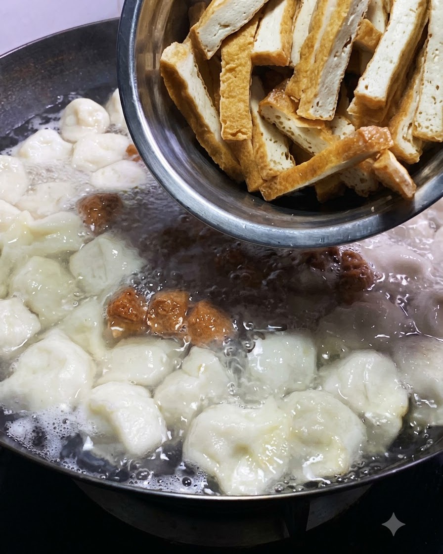 Tiras de tofu frito dorado deslizándose desde un bol de metal hacia la olla burbujeante junto con dumplings y albóndigas.