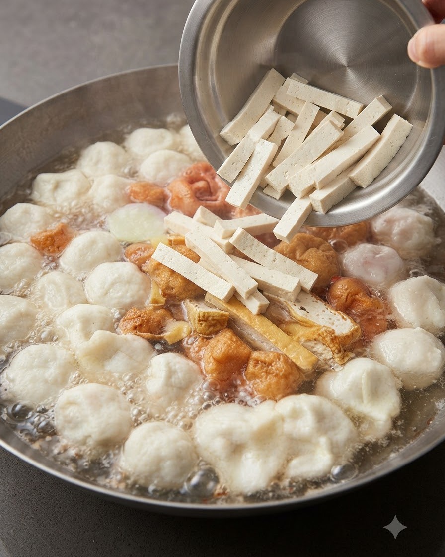 Un bol de metal vertiendo bastones de tofu blanco fresco cortados ordenadamente en una sopa rica con varios ingredientes.