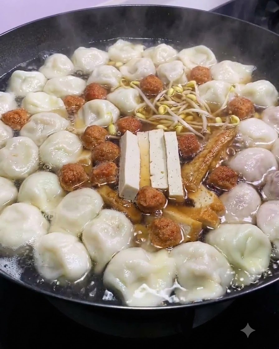 Brotes de soja amarillos frescos colocados en el centro de una olla llena de sopa hirviendo con dumplings, tofu y albóndigas.