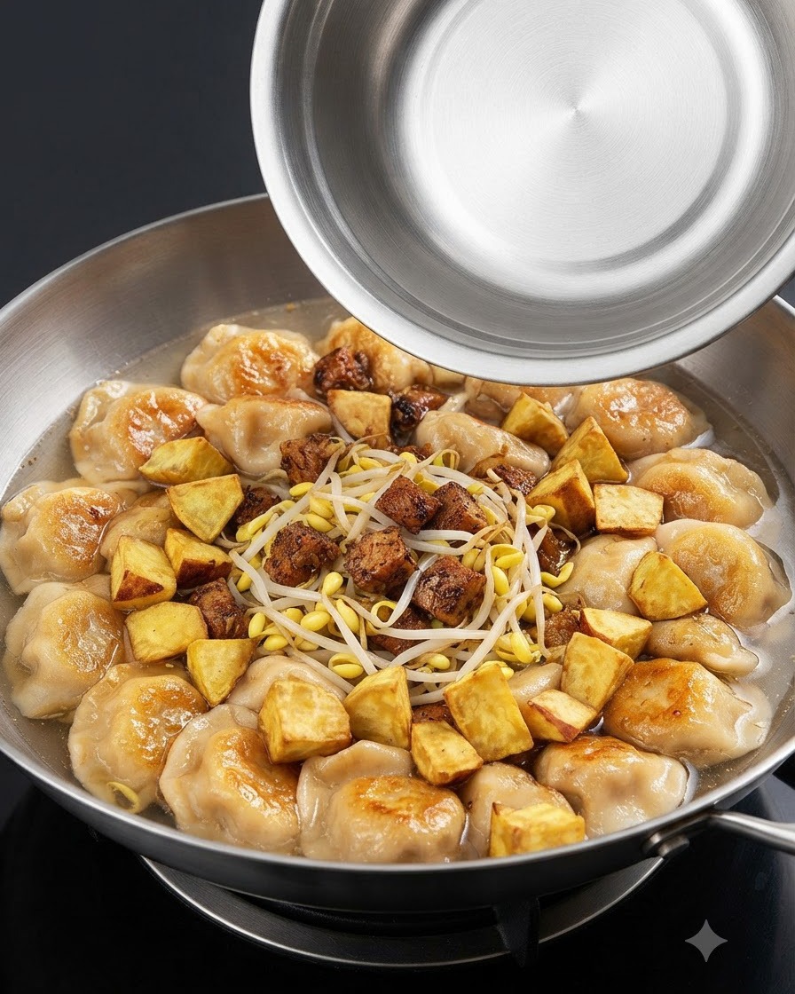 Batatas fritas doradas y en cubos dispuestas sobre la mezcla de sopa hirviendo mientras se levanta una tapa de metal.