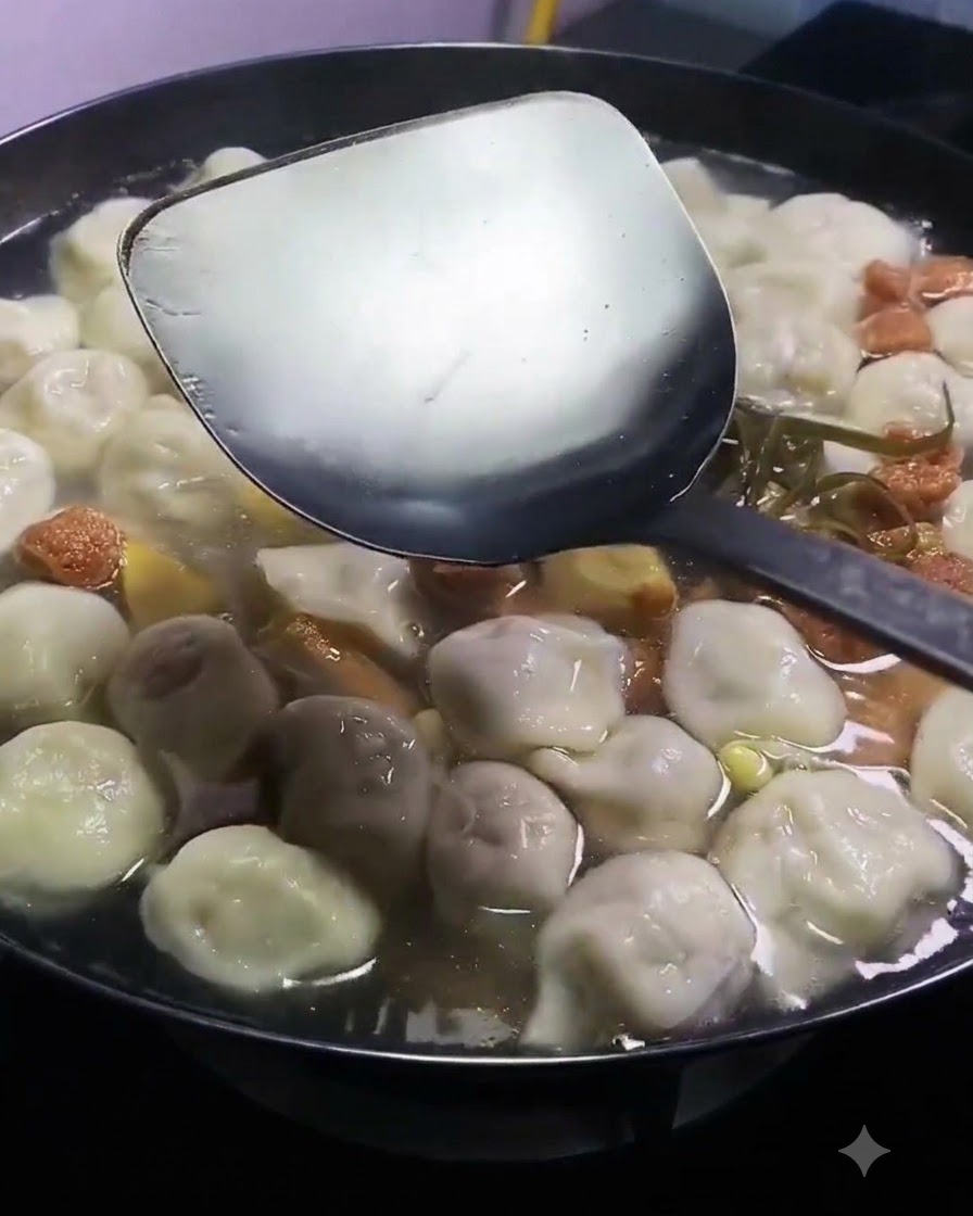 Un cucharón vertiendo salsa de soja clara en una olla hirviendo llena de dumplings, carne y tofu.