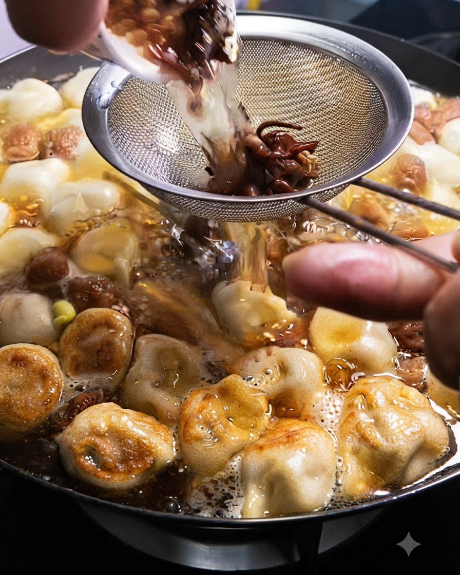 Líquido de pimienta de Sichuan remojada y anís estrellado siendo colado a través de un colador de malla metálica en la olla.