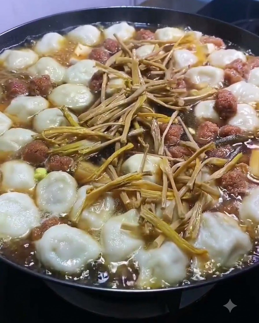 Azucenas secas esparcidas sobre la parte superior de la olla hirviendo de dumplings e ingredientes de sopa.