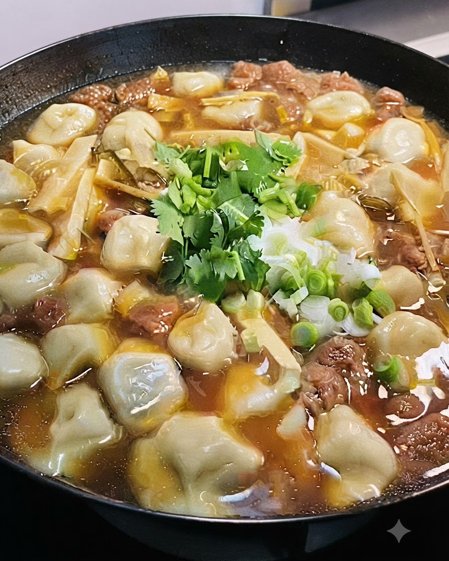 Cilantro y cebollas verdes picados frescos esparcidos sobre la sopa de dumplings cocida.