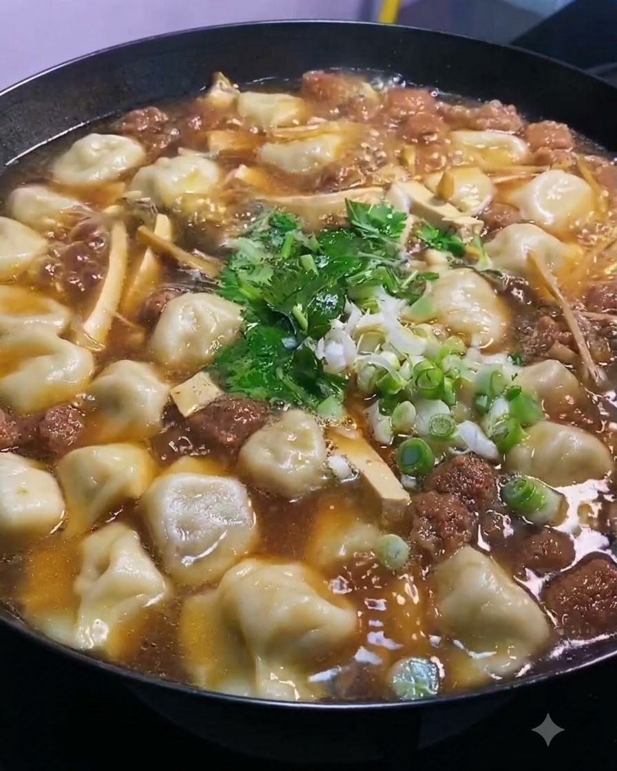 Unas pocas gotas de aceite de sésamo siendo rociadas sobre la superficie del caldo caliente.