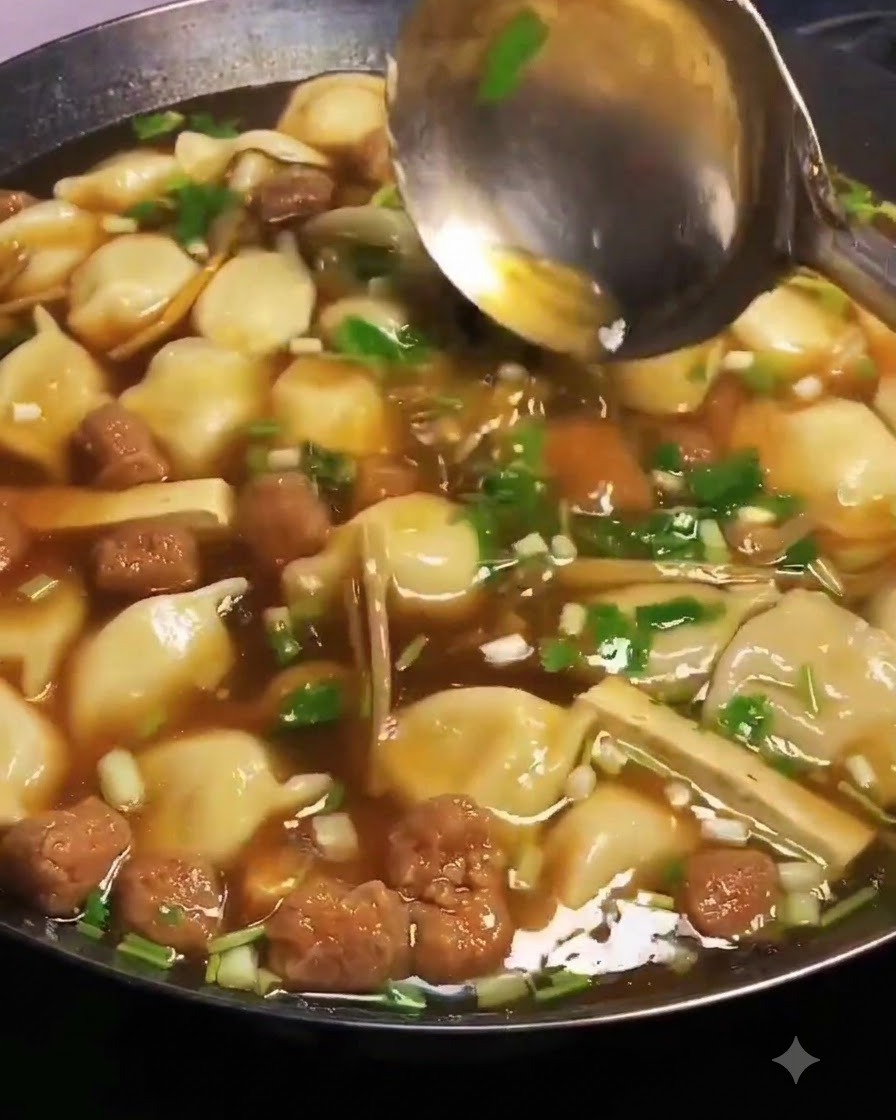 Un cucharón grande removiendo suavemente la mezcla terminada de sopa de dumplings en el wok.