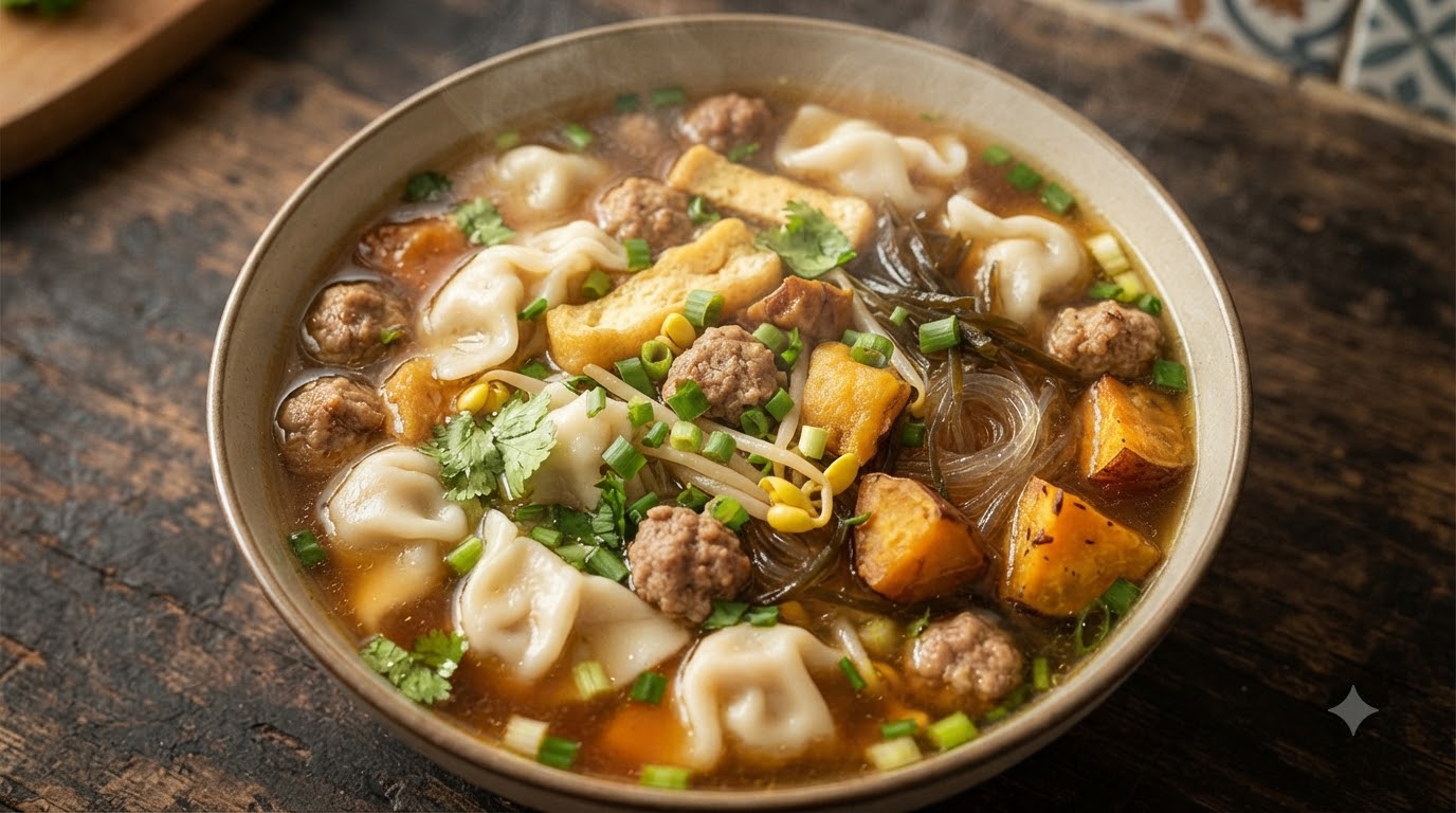 Sopa de Dumplings China con Albóndigas y Tofu