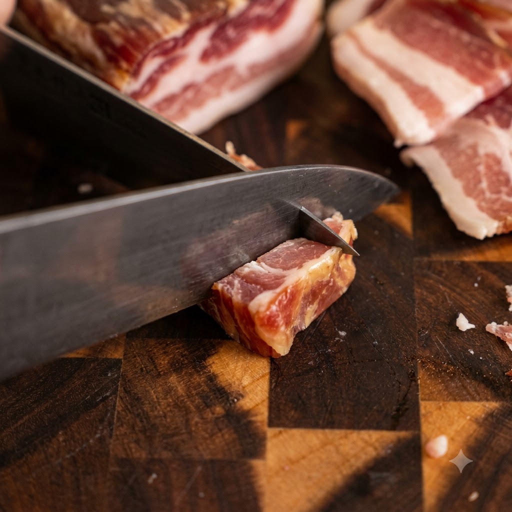 Un cuchillo de cocina cortando un trozo grueso de tocino en una tabla de cortar de madera.