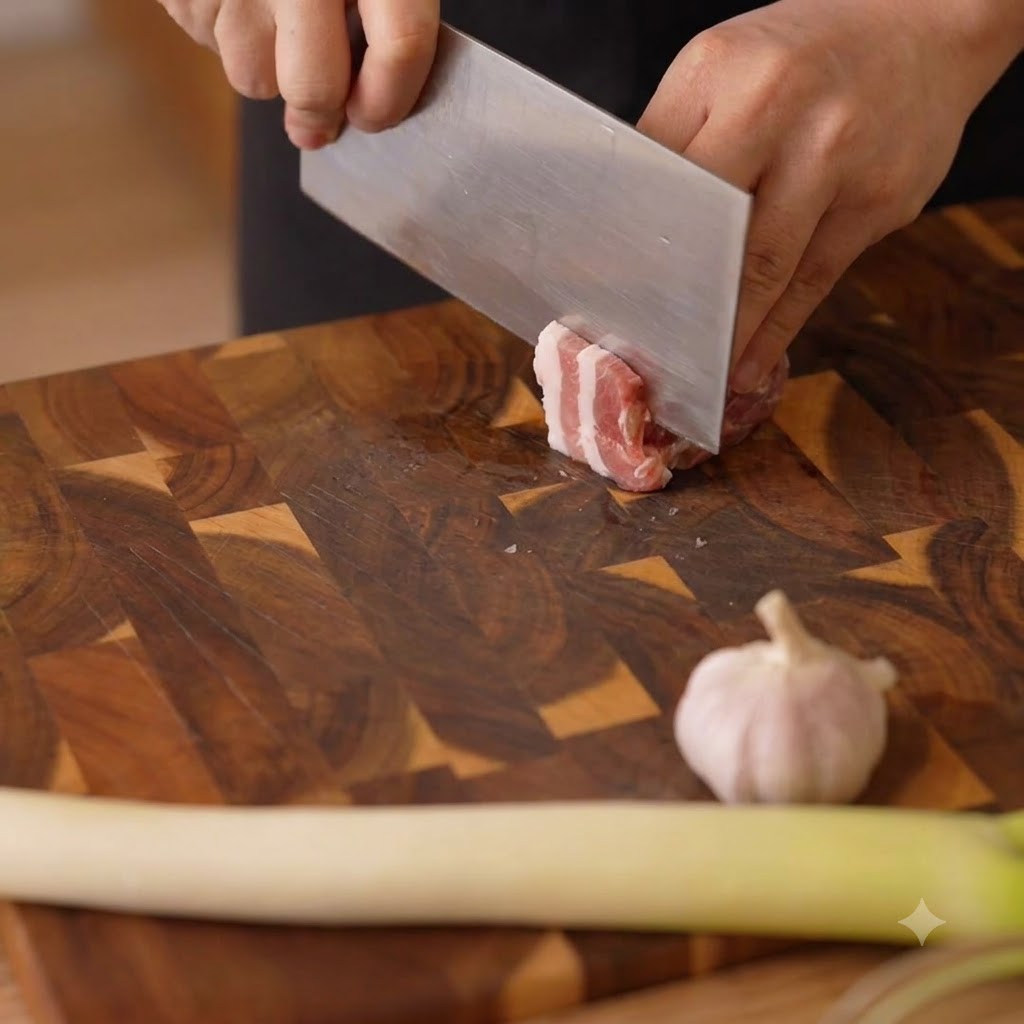 Manos usando un cuchillo grande para cortar un trozo de panceta de cerdo en rodajas finas sobre una tabla de madera.