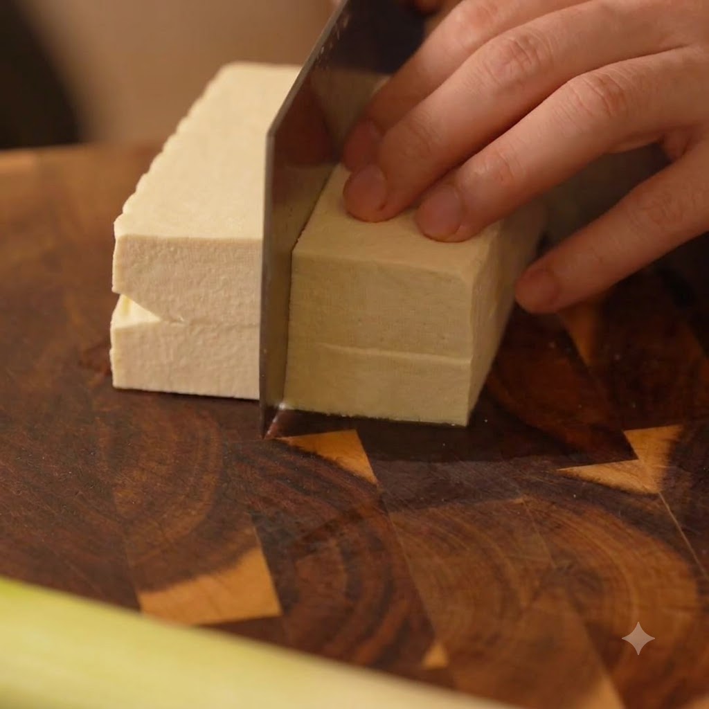 Una mano guiando un cuchillo para cortar un bloque de tofu blanco en cubos pequeños sobre una tabla de cortar de madera.