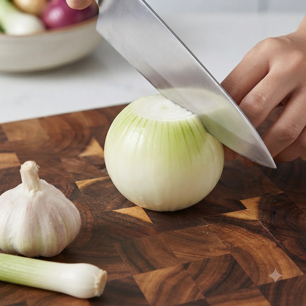 Un cuchillo de chef cortando una cebolla blanca entera pelada en gajos sobre una tabla de cortar de madera.