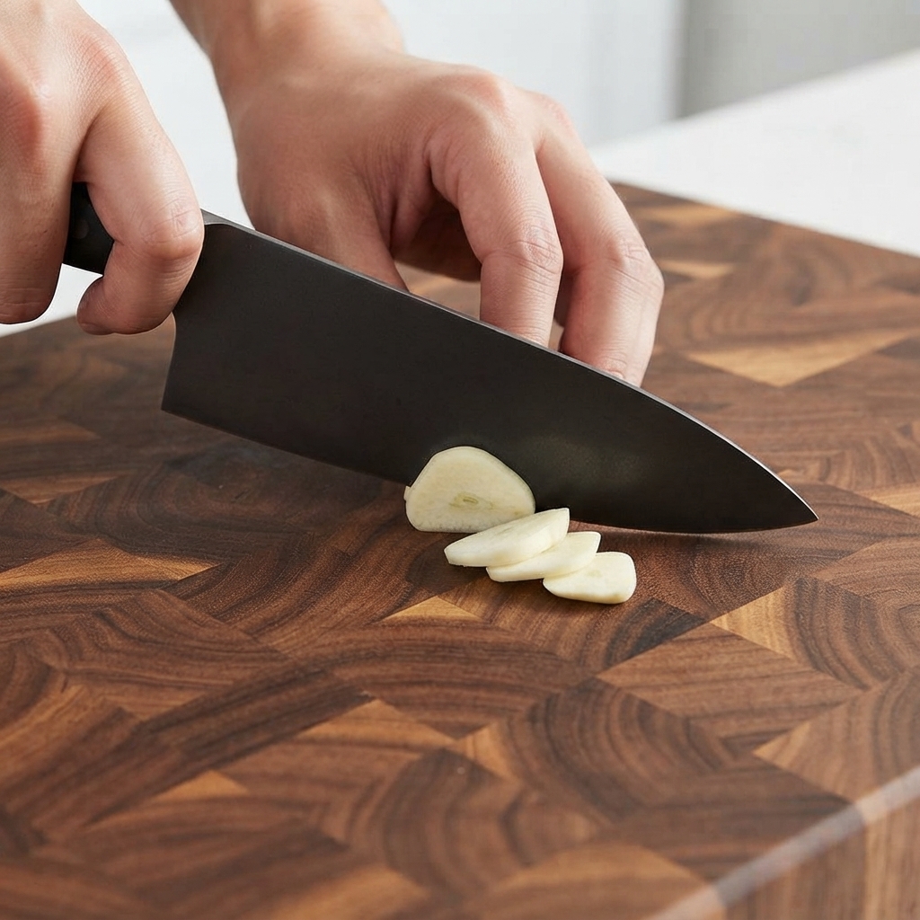 Dientes de ajo y cebolla blanca siendo picados en una tabla de cortar de madera con un cuchillo de cocina.