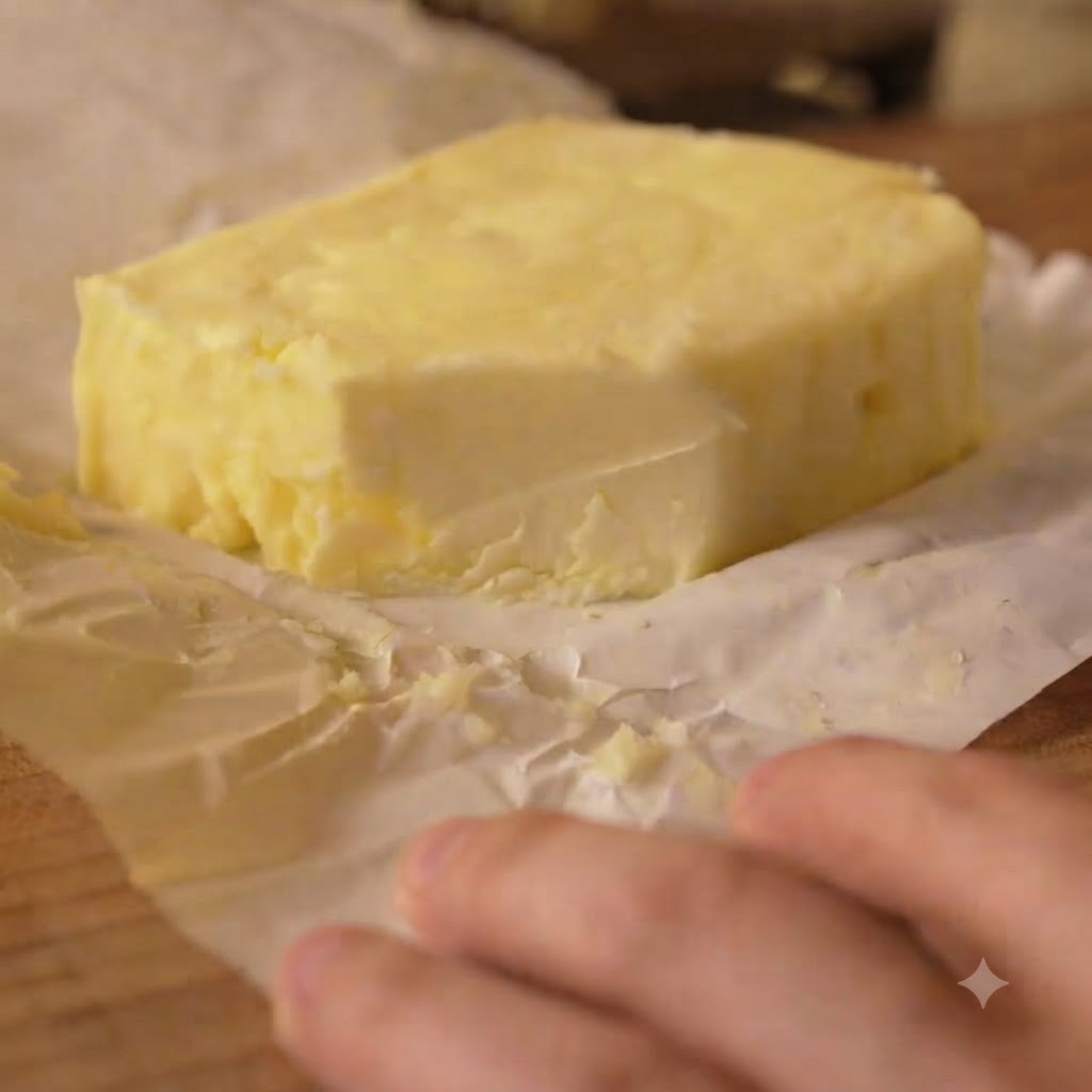 Una vista de cerca de un pequeño cuadrado de mantequilla apoyado en su papel de envolver cerca de una olla de cocina.