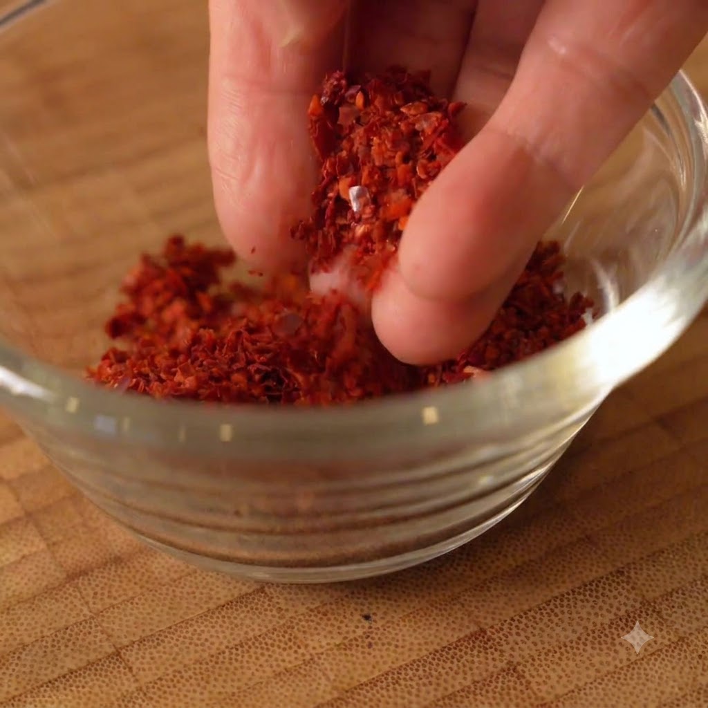 Una mano sosteniendo una pizca de hojuelas de chile rojo sobre un pequeño vaso de vidrio.