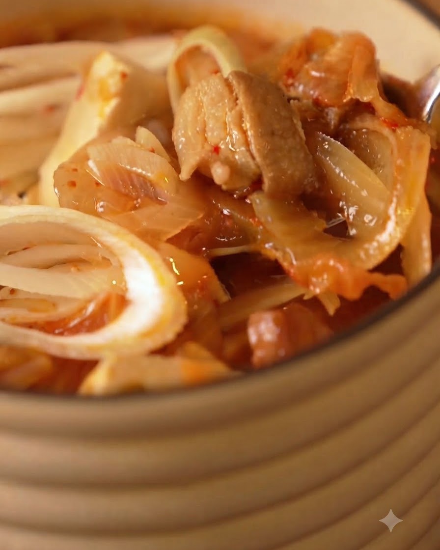 Una toma de cerca de sopa de kimchi caliente que contiene cebollas, tofu y cerdo dentro de un tazón para servir.