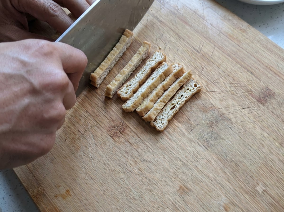 Un par de manos cortando tofu frito en tiras finas con un cuchillo sobre una tabla de madera.