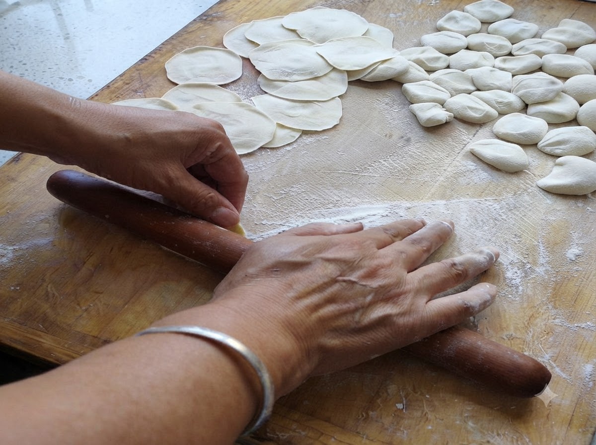 Manos estirando envoltorios redondos de dumplings usando un rodillo de madera en una superficie enharinada.
