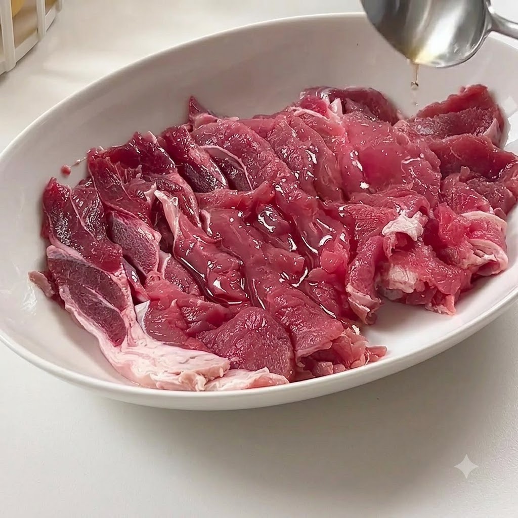 Ternera cruda en rodajas en un plato blanco siendo rociada con salsas para condimentar.