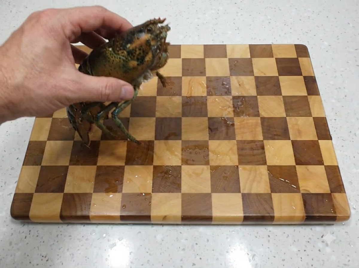 Una mano sosteniendo una langosta fresca cruda sobre una tabla de cortar de madera a cuadros.