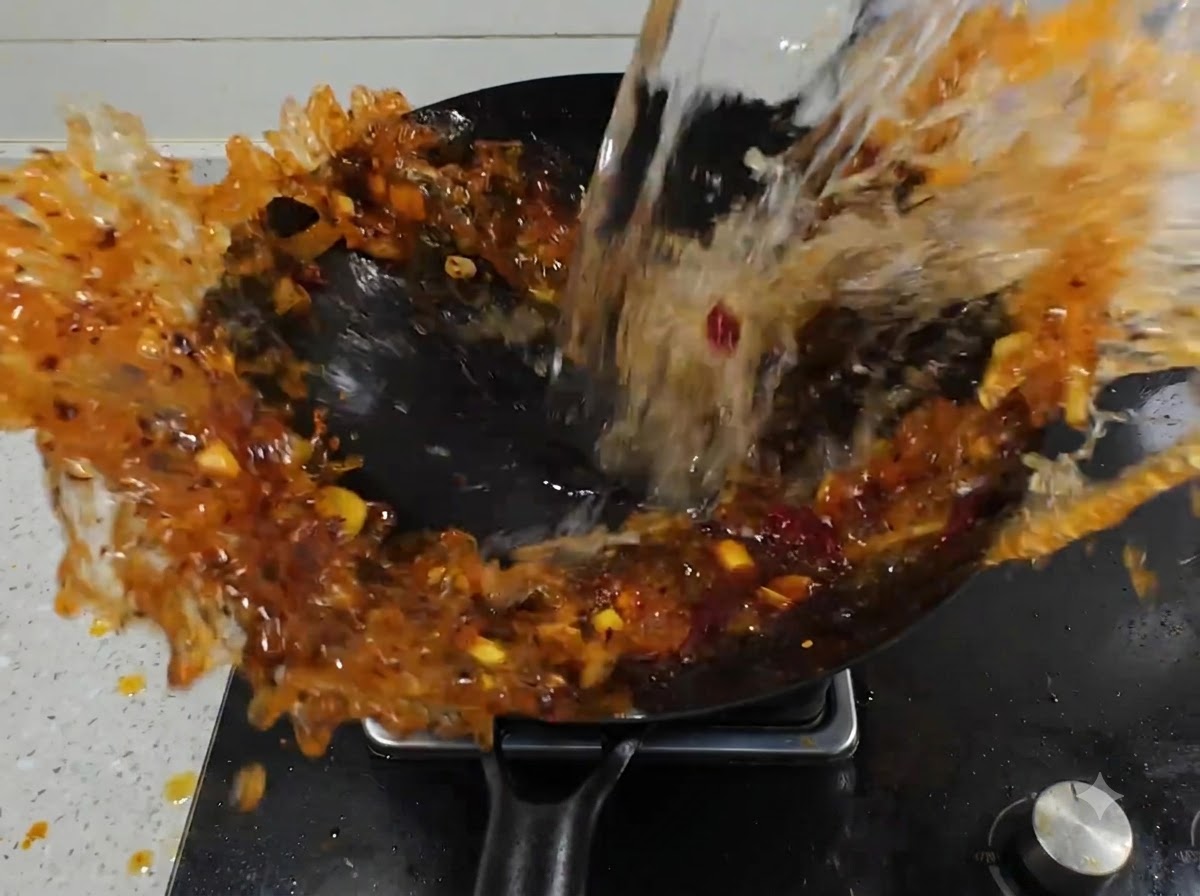 Agua siendo vertida desde una jarra en un wok lleno de pasta de chile picante y aromáticos chisporroteantes.