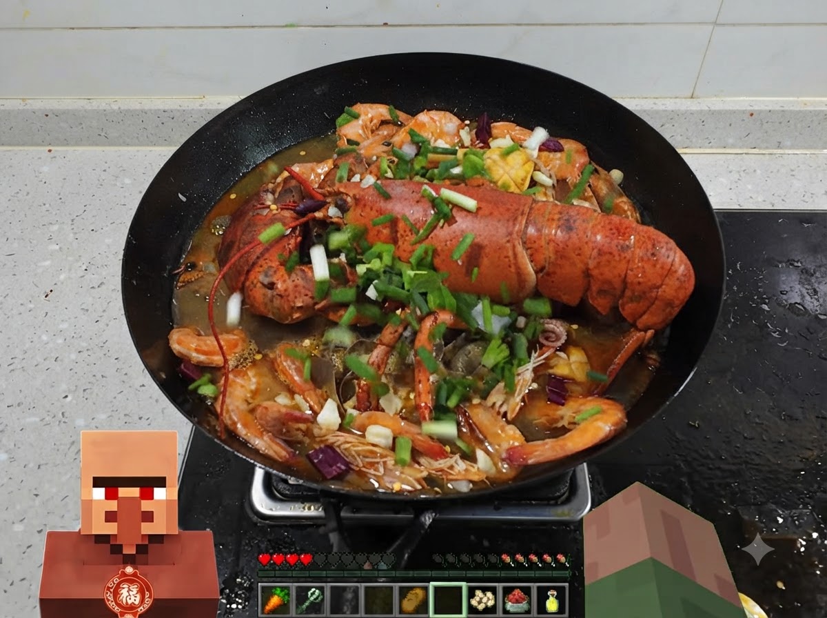 Un wok grande lleno de langosta cocida, camarones y mariscos cubiertos con una capa generosa de cebollino picado.