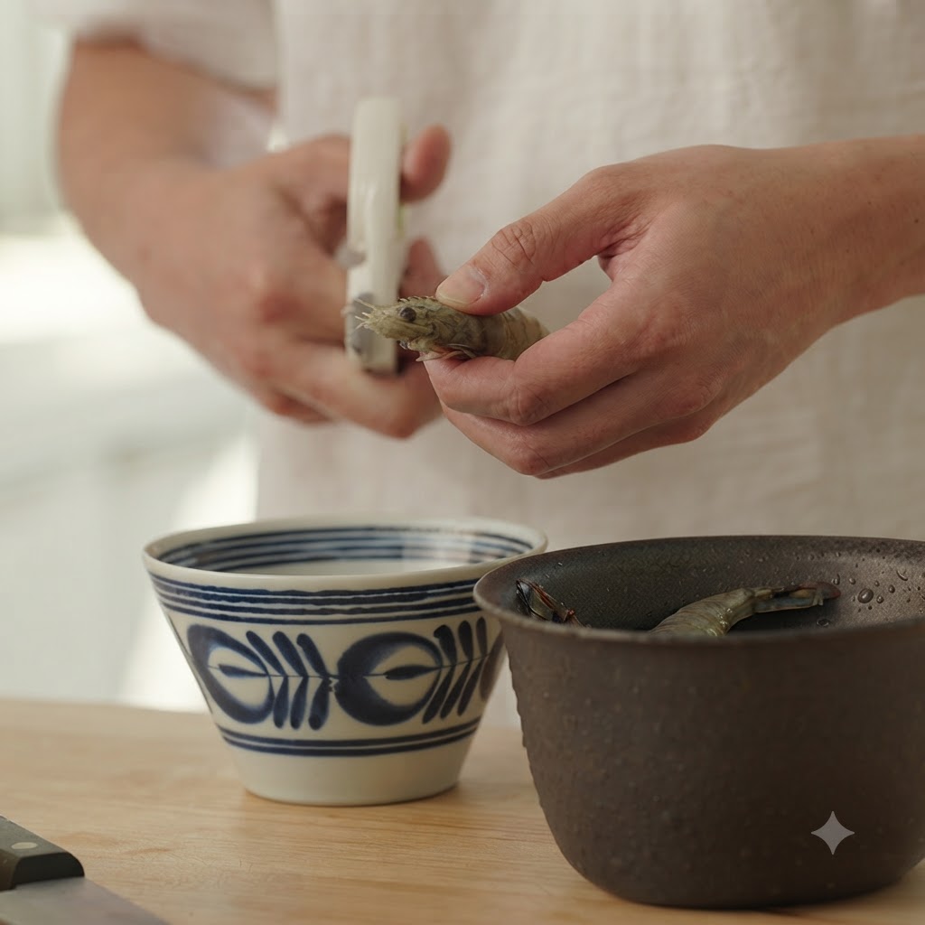 Un par de tijeras de cocina cortando la parte posterior de un camarón crudo sostenido en las manos.