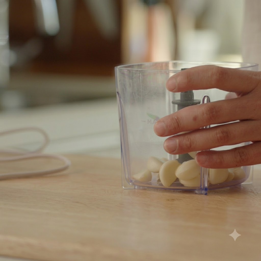 Dientes de ajo pelados dentro del recipiente transparente de un procesador de alimentos pequeño en una tabla de madera.