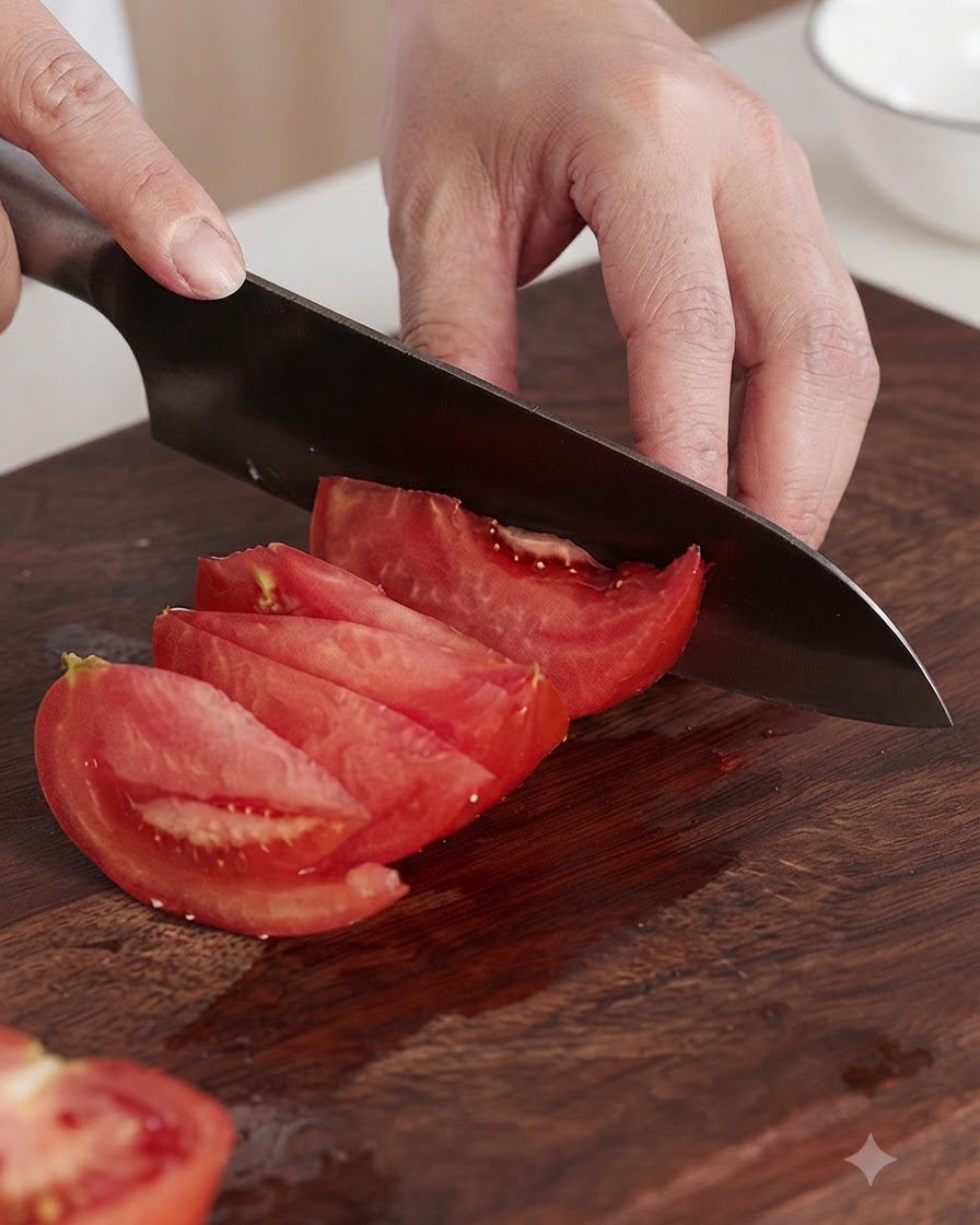 Tomates rojos frescos siendo cortados en gajos gruesos sobre una tabla de cortar de madera con un cuchillo.