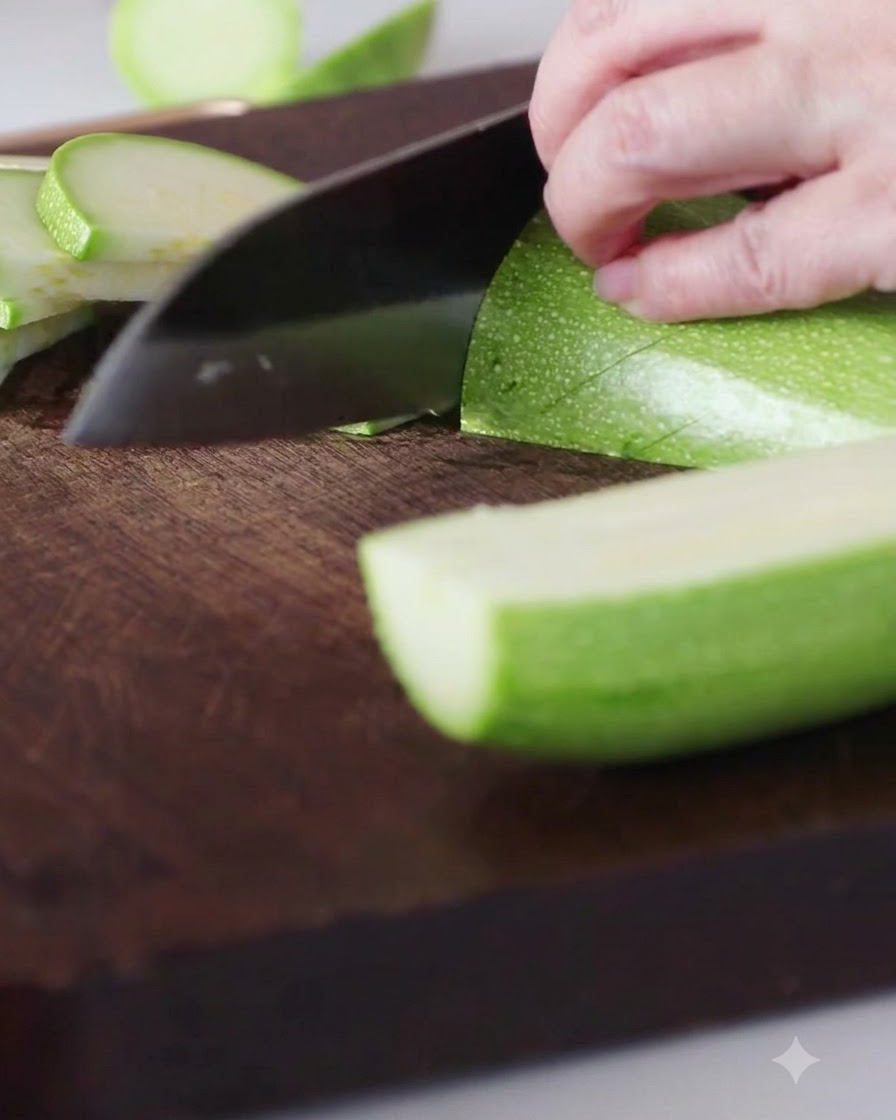 Un calabacín verde siendo cortado en medias lunas sobre una tabla de cortar de madera.