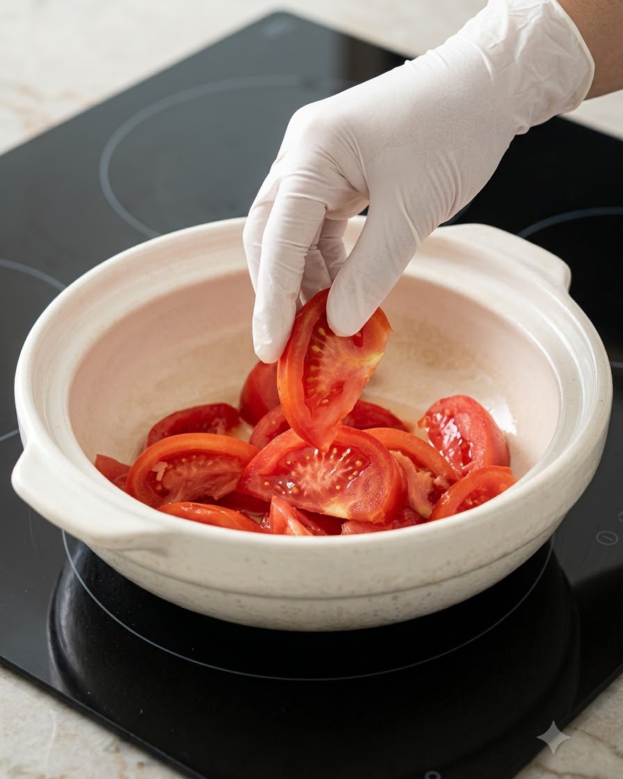 Tomates colocados planos dentro de una olla de cerámica blanca para formar la capa inferior.