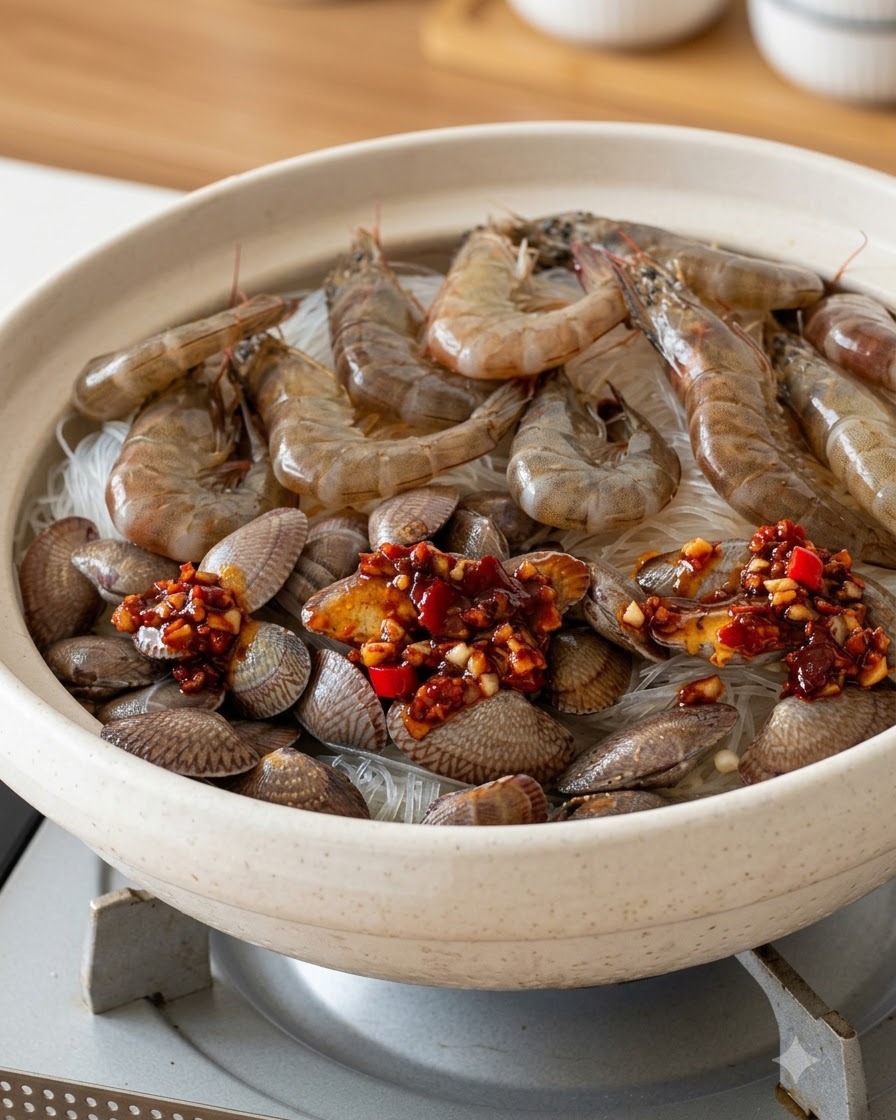 Salsa roja de ajo y chile siendo servida con cuchara de manera uniforme sobre la disposición de mariscos y fideos.