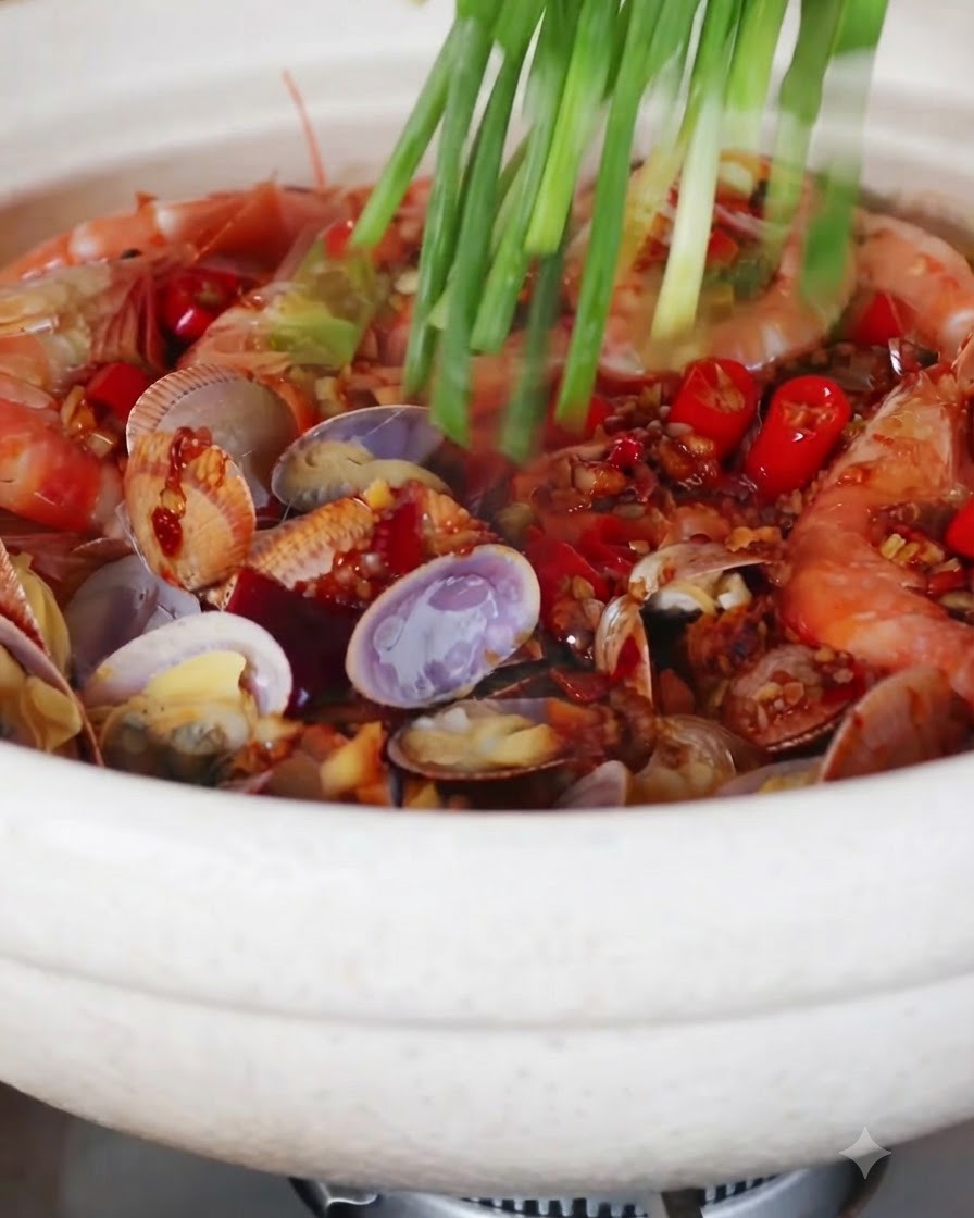 Un puñado de cebollas verdes frescas siendo esparcidas sobre una olla burbujeante de mariscos y fideos.