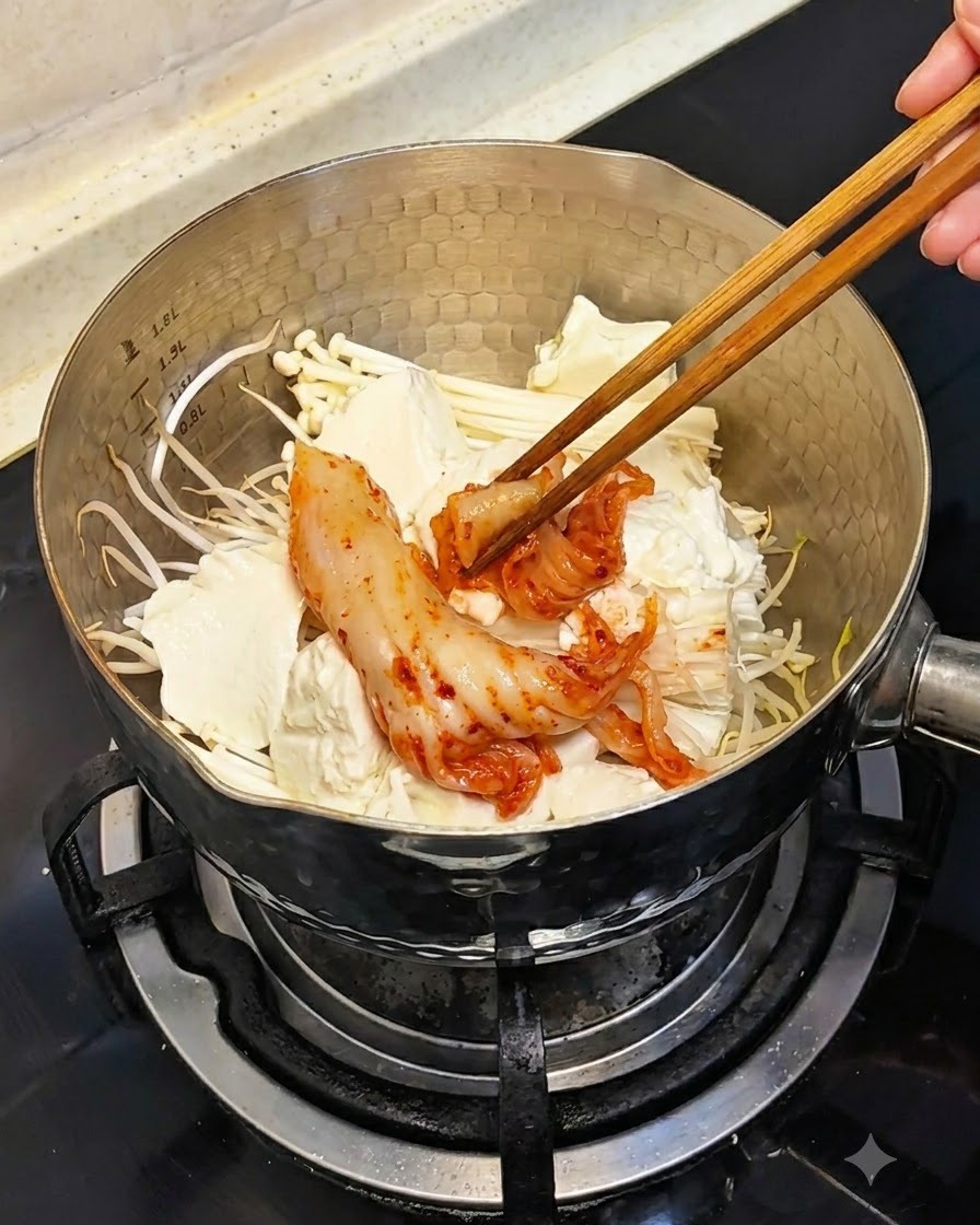 Palillos colocando trozos de kimchi rojo fermentado en la olla sobre el tofu y las setas.