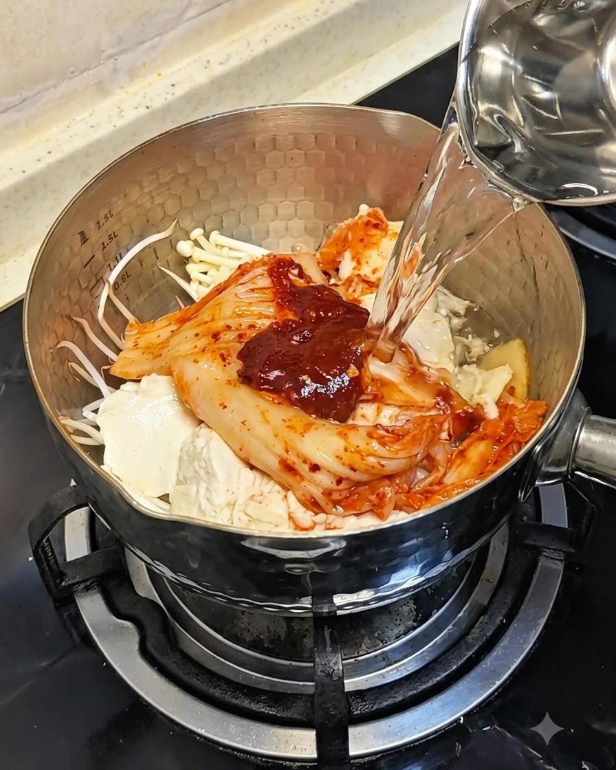 Agua clara siendo vertida desde una taza medidora de vidrio en la olla llena de ingredientes.
