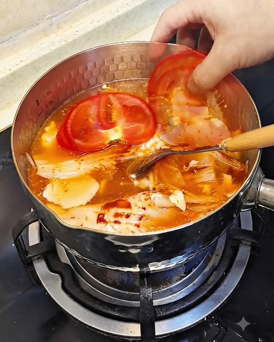 Dos rodajas gruesas de tomate rojo fresco colocadas en el caldo rojo hirviendo a fuego lento del hot pot.