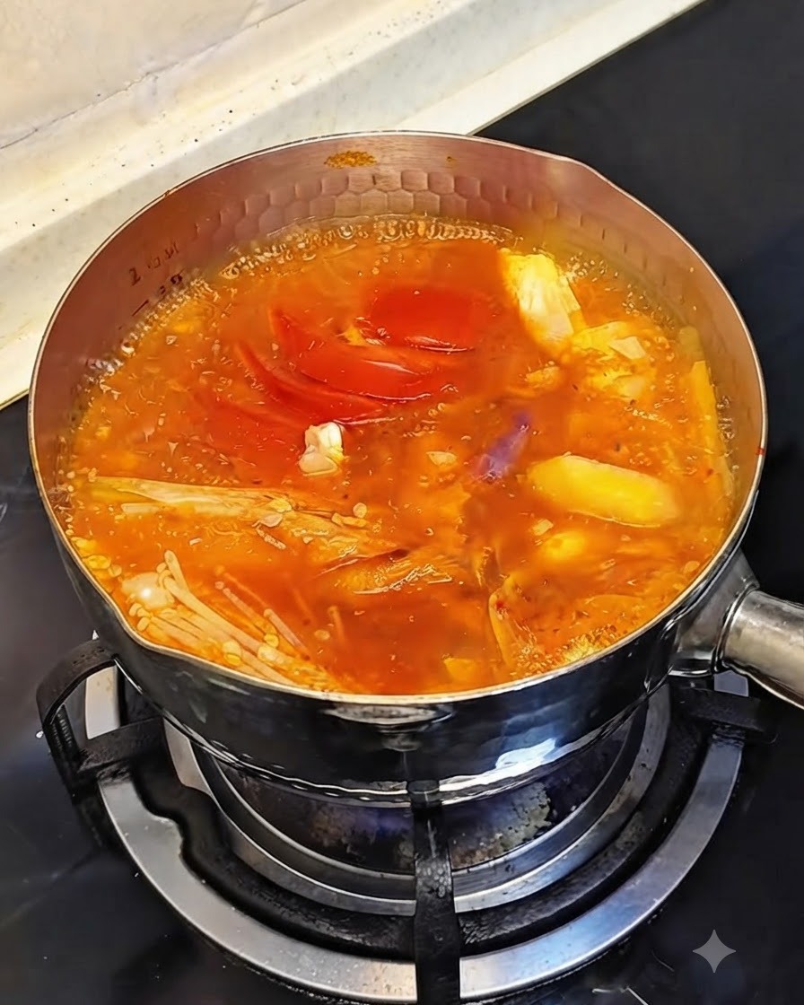 Camarones enteros crudos cocinándose dentro del estofado rojo burbujeante y a fuego lento.
