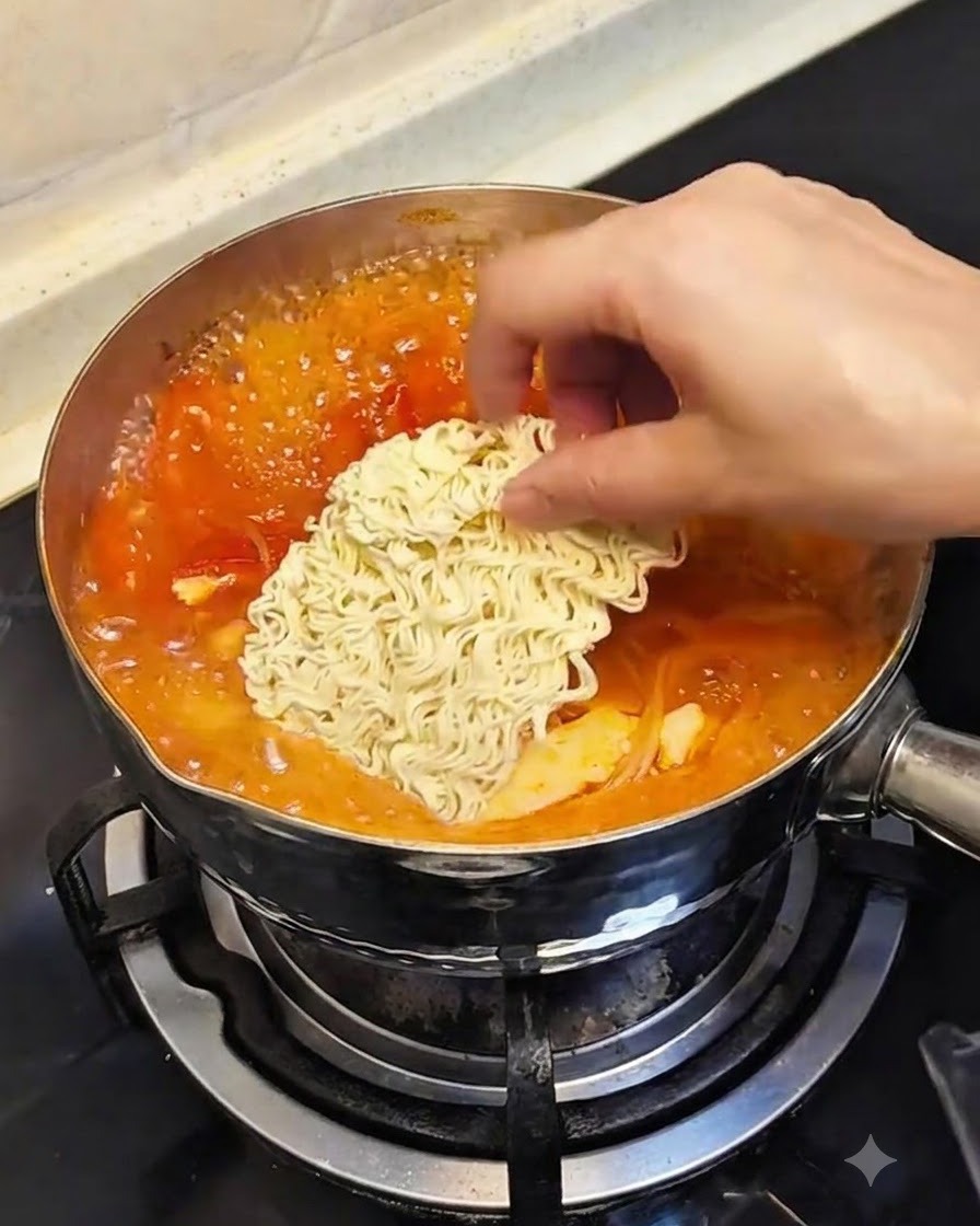 Un bloque cuadrado de fideos instantáneos deshidratados colocado en el centro de la olla de estofado a fuego lento.