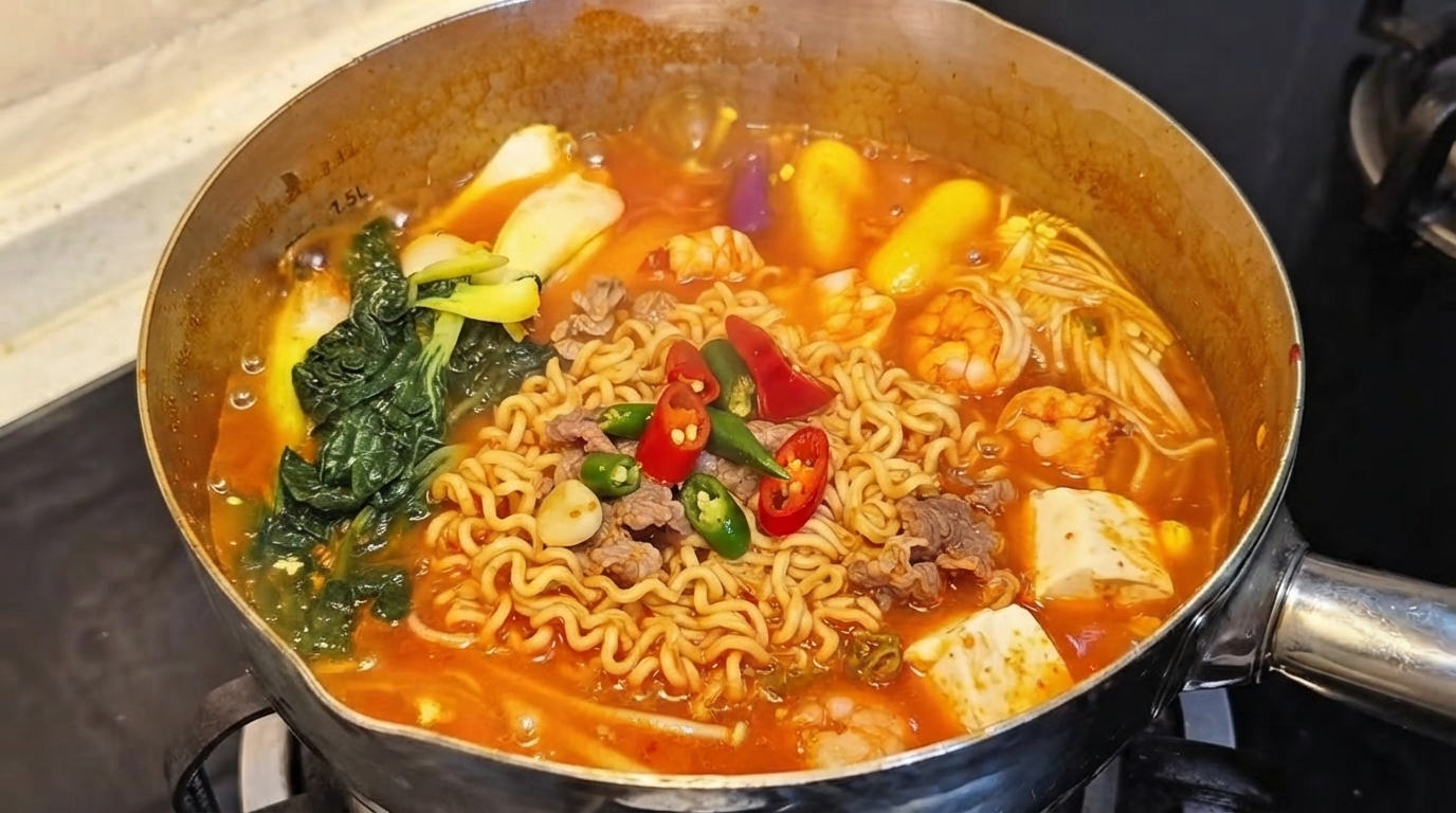 Budae Jjigae Bajo en Calorías (Estofado del Ejército Coreano)