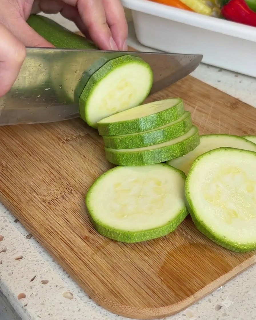 Un calabacín verde siendo cortado en rodajas gruesas sobre una tabla de cortar de madera con un cuchillo.