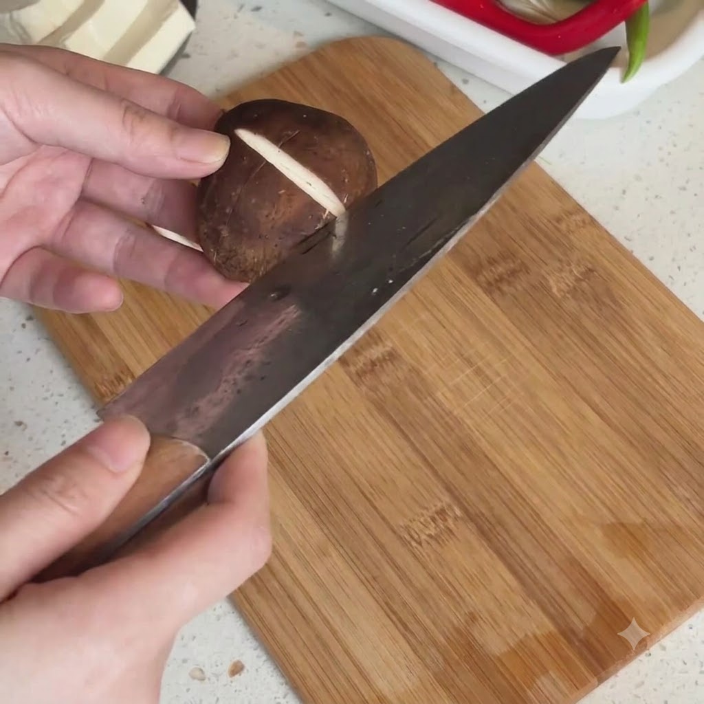 La parte superior de un champiñón shiitake fresco siendo marcada con un cuchillo para crear un patrón en cruz.