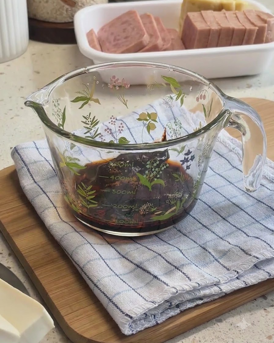 Ingredientes siendo mezclados dentro de una taza medidora de vidrio para formar la base de salsa del estofado.