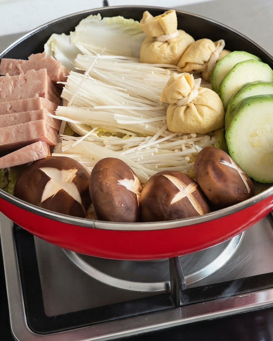 Calabacín en rodajas, carne en conserva, hongos enoki, champiñones shiitake y nudos de piel de tofu dispuestos bellamente en una olla.